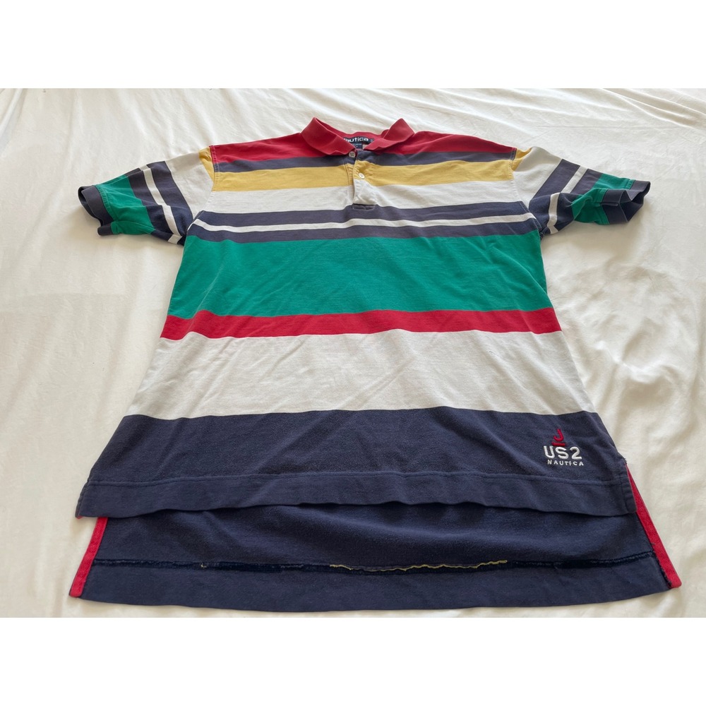 Nautica US2 Competition Polo Shirt Mens L Vintage Striped Cotton Short Sleeve